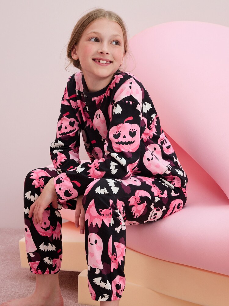 Black/Pink Halloween Glow in The Dark 100% Cotton Pyjamas (3-16yrs) - Image 1 of 7