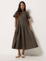 PixieGirl Petite Brown Poplin Volume Maxi Dress - Image 1 of 5