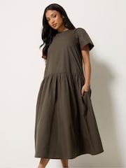 PixieGirl Petite Brown Poplin Volume Maxi Dress - Image 2 of 5