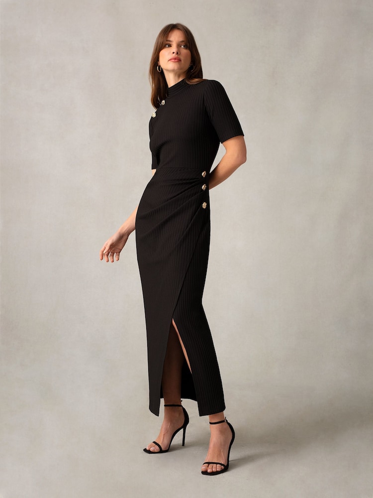 Ro&Zo Ribbed Button Detail Split Front Black Dress - Image 1 of 6
