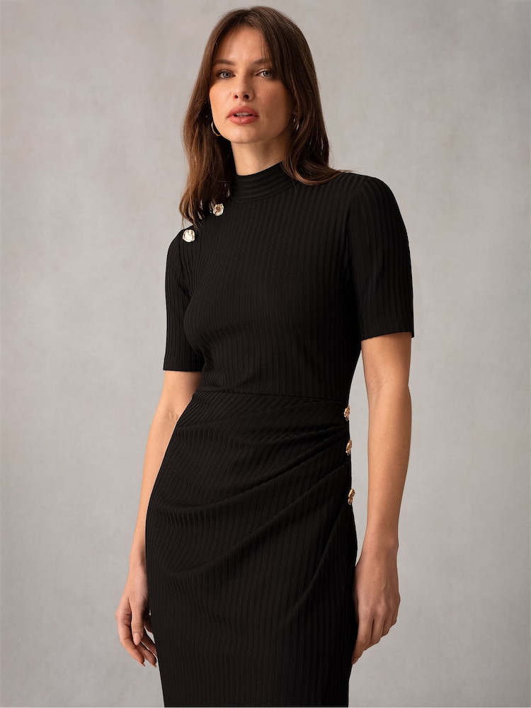 Ro&Zo Ribbed Button Detail Split Front Black Dress - Image 2 of 6