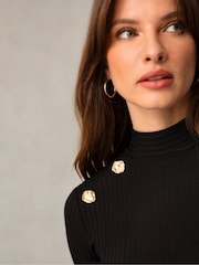 Ro&Zo Ribbed Button Detail Split Front Black Dress - Image 4 of 6