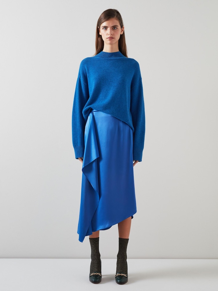 LK Bennett Blue Zoe Satin Waterfall Front Skirt - Image 1 of 3