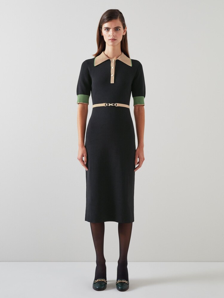 LK Bennett Black/Camel Brown Belted Rosey Knit Dress - Image 1 of 4