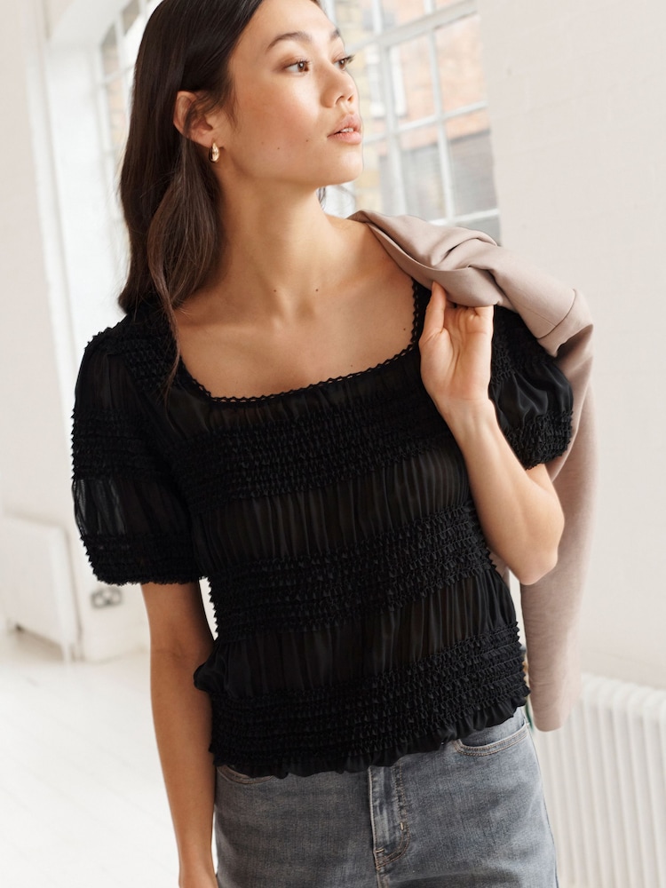 Black Short Sleeve Smock Tie Back Top - Image 1 of 7