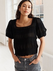 Black Short Sleeve Smock Tie Back Top - Image 3 of 7