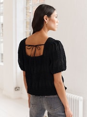 Black Short Sleeve Smock Tie Back Top - Image 4 of 7