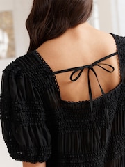 Black Short Sleeve Smock Tie Back Top - Image 5 of 7