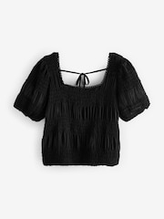 Black Short Sleeve Smock Tie Back Top - Image 6 of 7