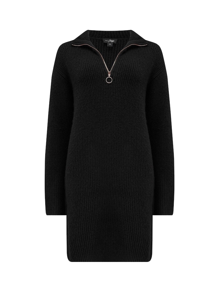 Pour Moi Black Frankie Quarter Zip Chunky Knit Jumper Dress - Image 3 of 3