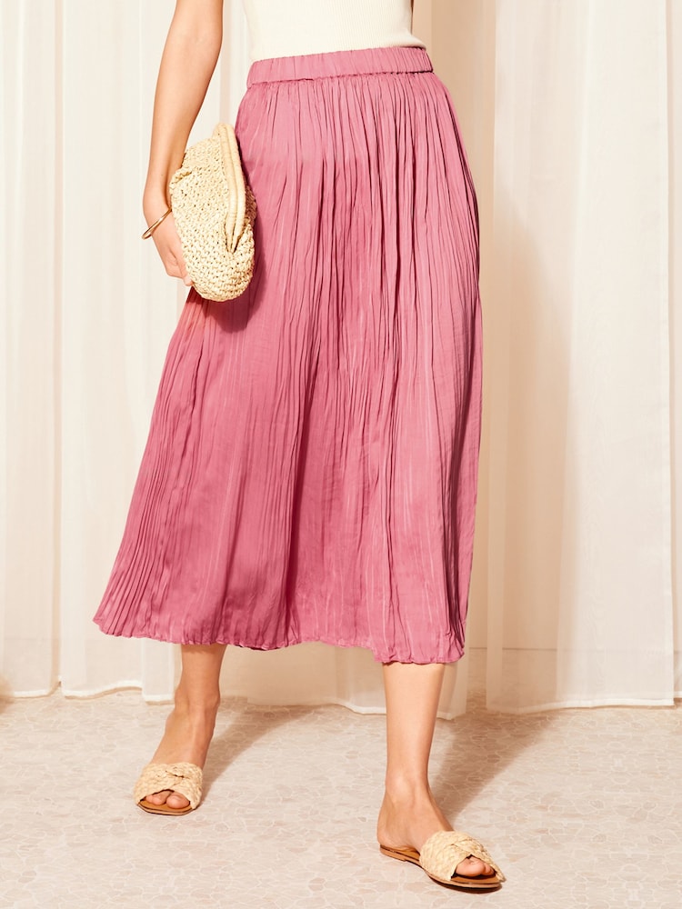 Friends Like These Rose Pink Soft Crinkle Satin Midi Skirt - Image 1 of 4 Friends Like These Rose Pink Soft Crinkle Satin Midi Skirt - Image 1 of 4