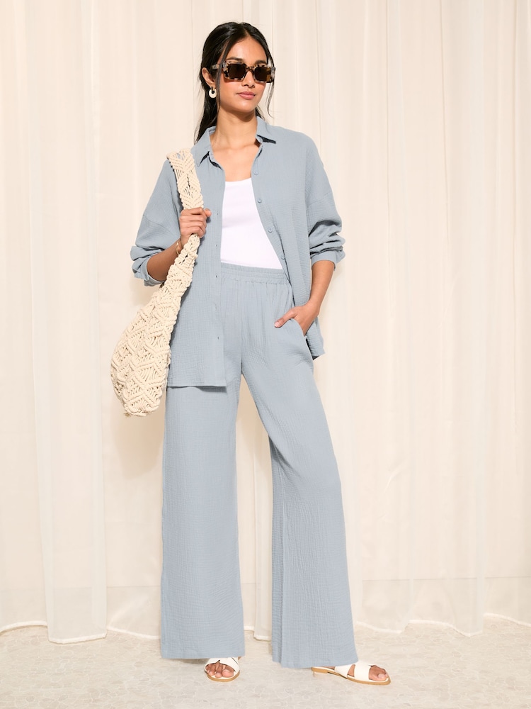 Friends Like These Blue Crinkle Cotton Elasticated Wide Leg Trousers - Image 1 of 4 Friends Like These Blue Crinkle Cotton Elasticated Wide Leg Trousers - Image 1 of 4