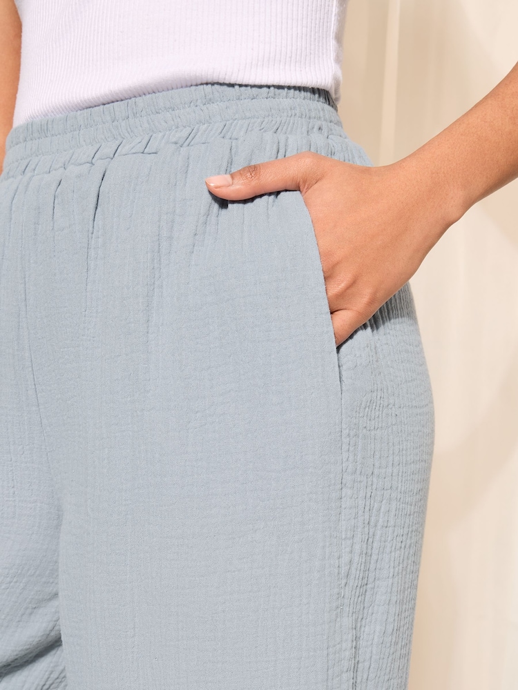 Friends Like These Blue Crinkle Cotton Elasticated Wide Leg Trousers - Image 4 of 4 Friends Like These Blue Crinkle Cotton Elasticated Wide Leg Trousers - Image 4 of 4