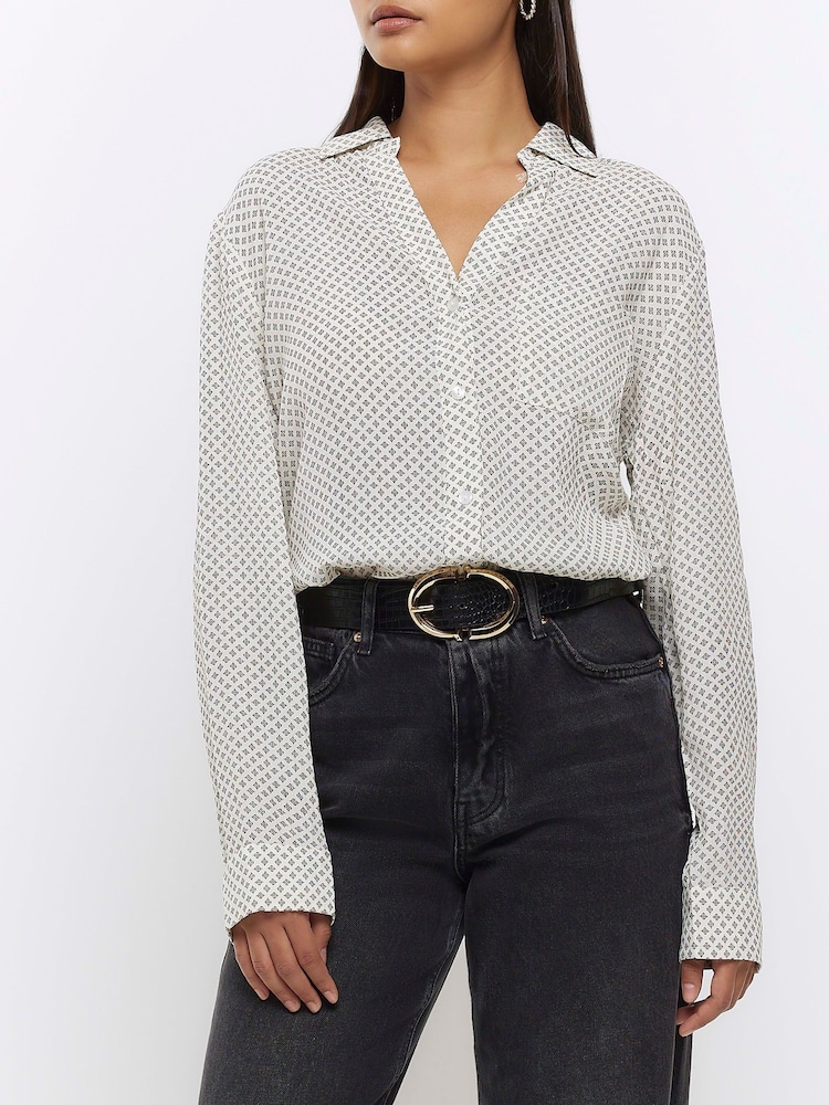 River Island Cream 100% Cotton Geo Printed Shirt - Image 1 of 5