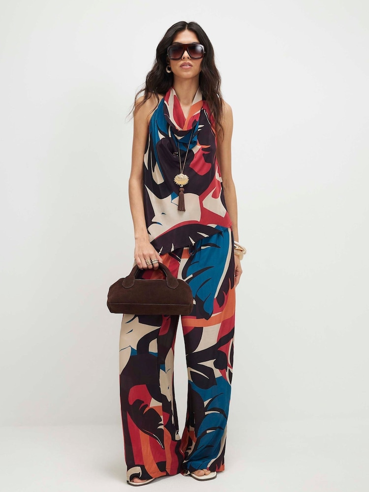 River Island Brown Leaf Print Wide Leg Trousers - Image 1 of 4