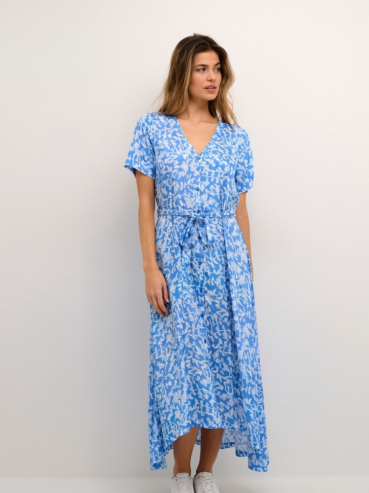 Kaffe Blue Viola Button Short Sleeve Maxi Dress - Image 1 of 6 Kaffe Blue Viola Button Short Sleeve Maxi Dress - Image 1 of 6
