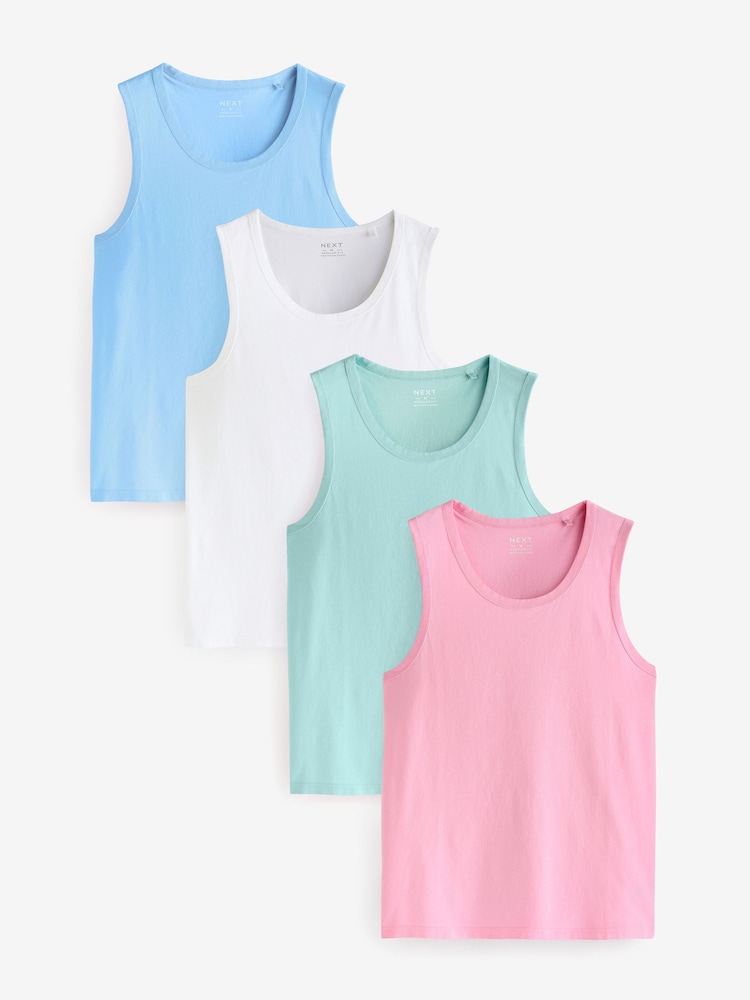 White/Blue/Pink/Mint Green 100% Cotton Vests 4 Pack - Image 1 of 14