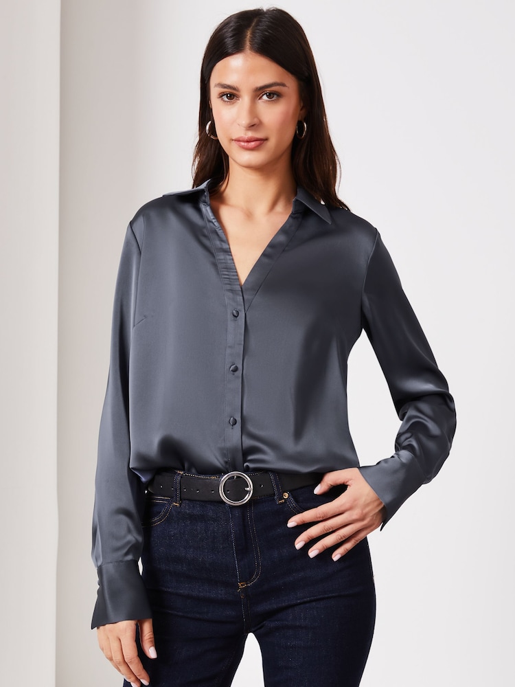 Lipsy Blue Petite Satin Button Through Shirt - Image 1 of 4