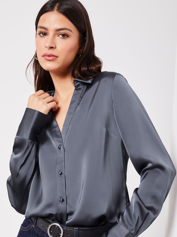 Lipsy Blue Petite Satin Button Through Shirt - Image 4 of 4