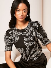 Lipsy Black Round Neck Puff Sleeve T-Shirt - Image 1 of 4