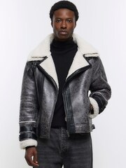 River Island Grey Crackle Shearling Aviator Jacket - Image 1 of 4