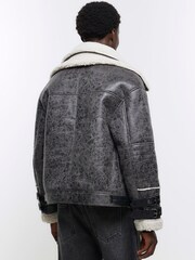 River Island Grey Crackle Shearling Aviator Jacket - Image 2 of 4