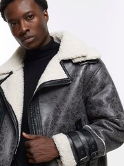 River Island Grey Crackle Shearling Aviator Jacket - Image 3 of 4