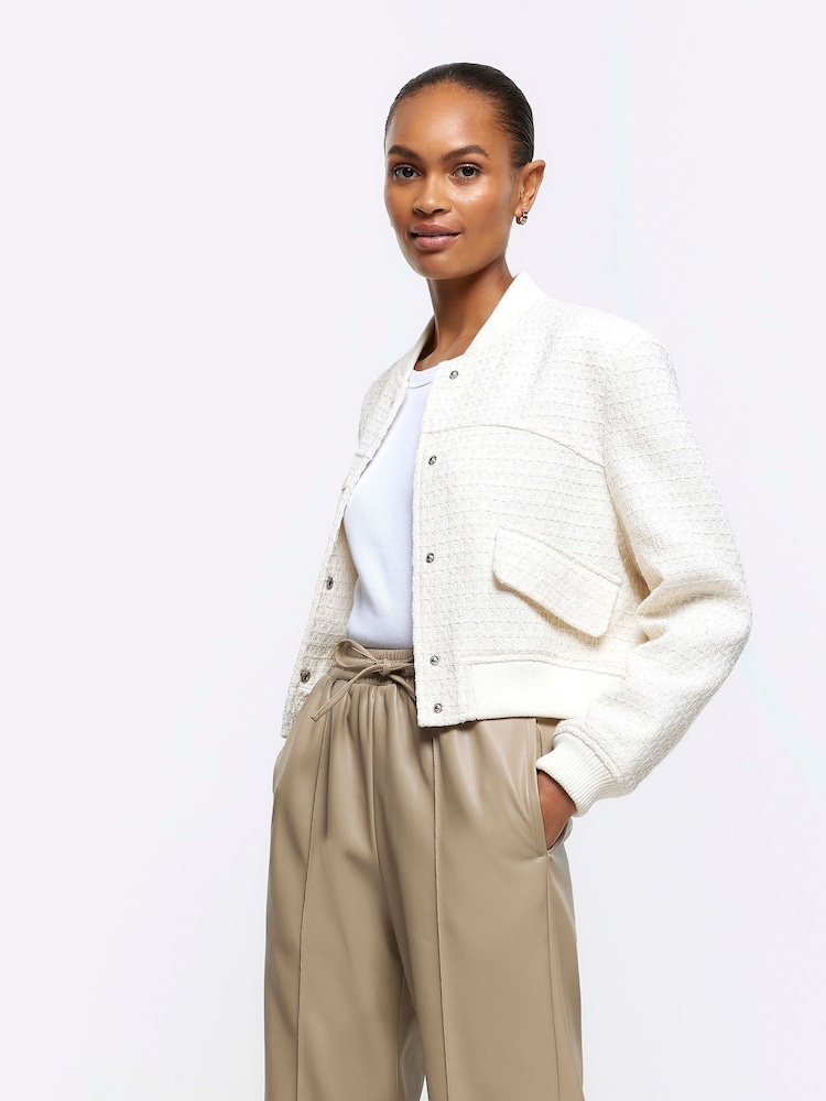 River Island Cream Chrome Boucle Tailored Bomber Jacket - Image 1 of 6