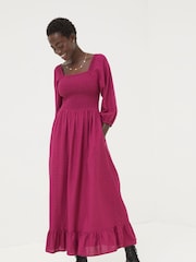 FatFace Adele Red/Pink Midi Dress With Linen - Image 1 of 6