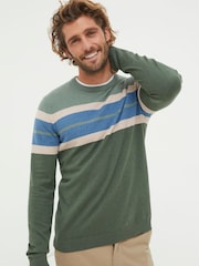 FatFace Green Chest Stripe Crew Jumper - Image 1 of 5