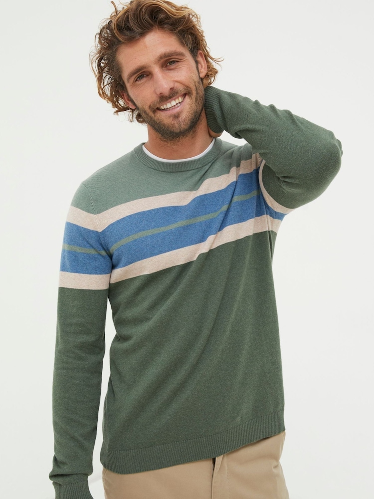 FatFace Green Chest Stripe Crew Jumper - Image 1 of 5