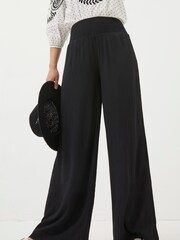 FatFace Black Shirred Wide Leg Palazzo Trousers - Image 1 of 6