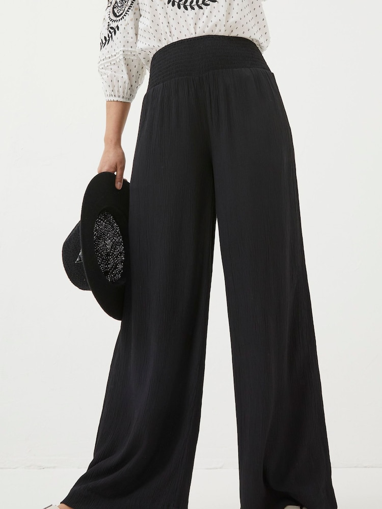FatFace Black Shirred Wide Leg Palazzo Trousers - Image 1 of 6