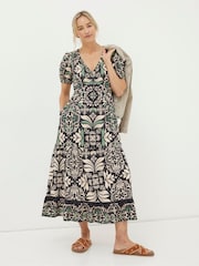 FatFace Black Priya Mosaic Leaf Midi Dress - Image 1 of 6