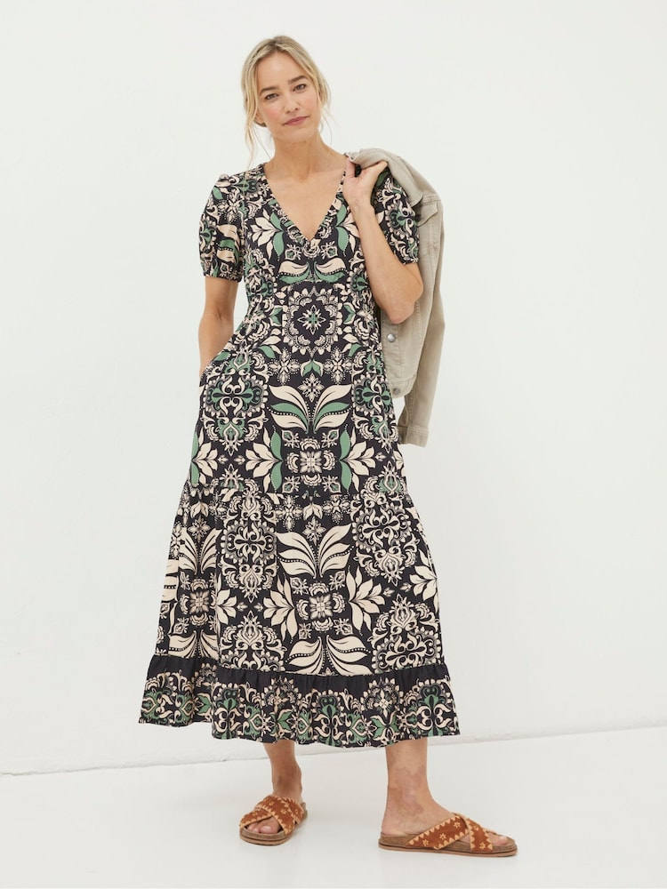 FatFace Black Priya Mosaic Leaf Midi Dress - Image 1 of 6