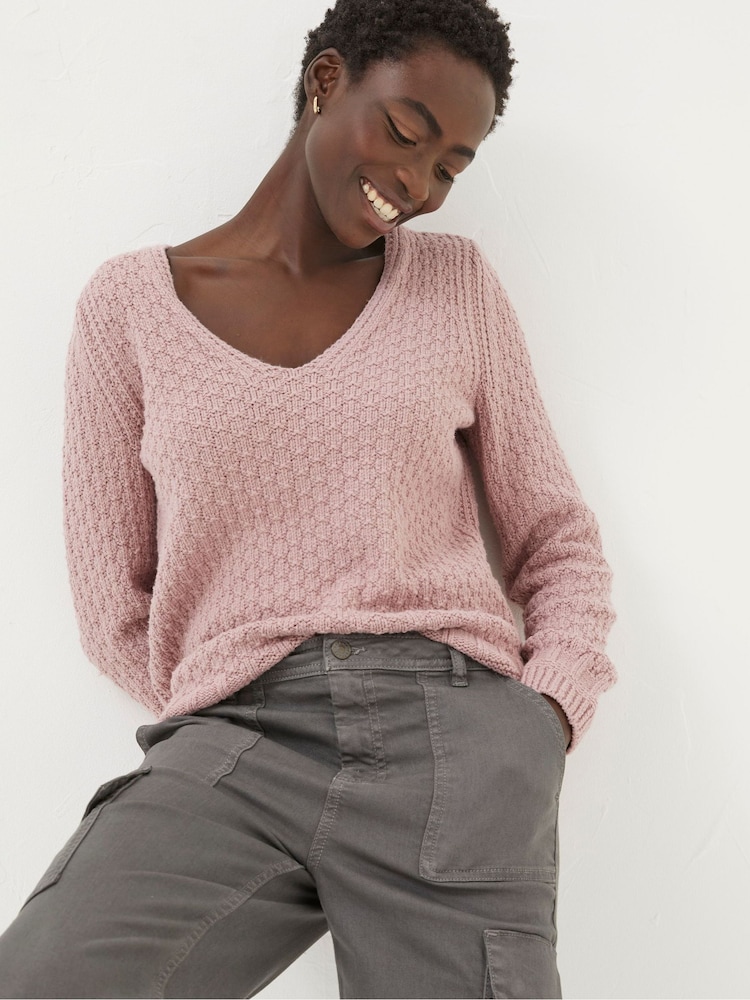 FatFace Pink V-Neck Jumper - Image 1 of 4