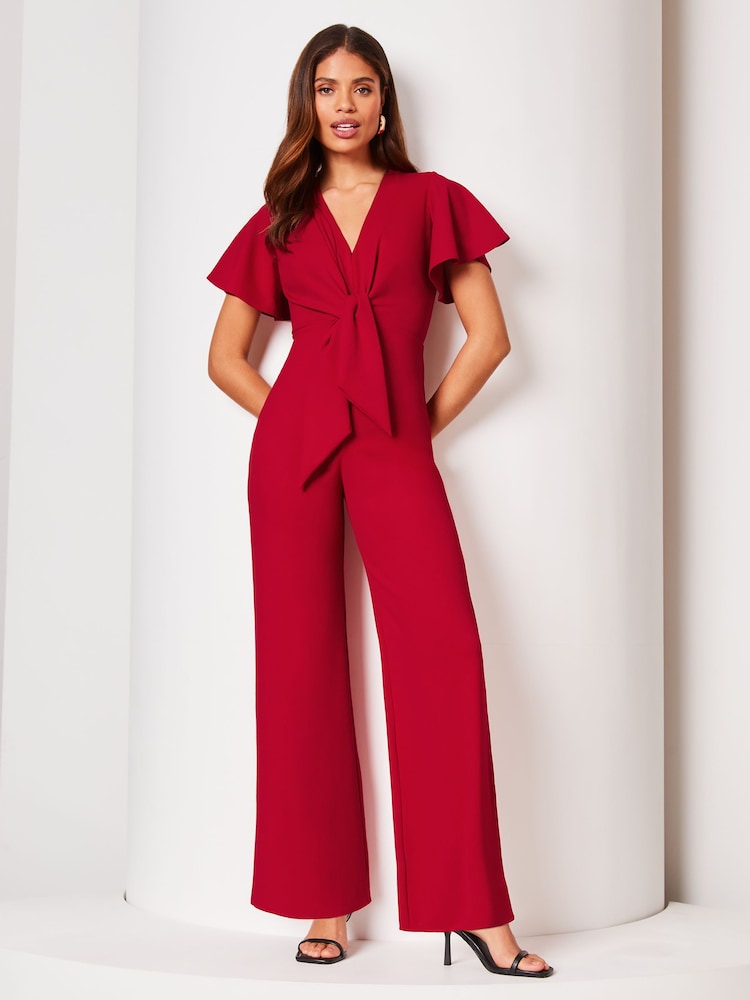 Lipsy Red Flutter Sleeve V Neck Tie Front Wide Leg Jumpsuit - Image 1 of 4