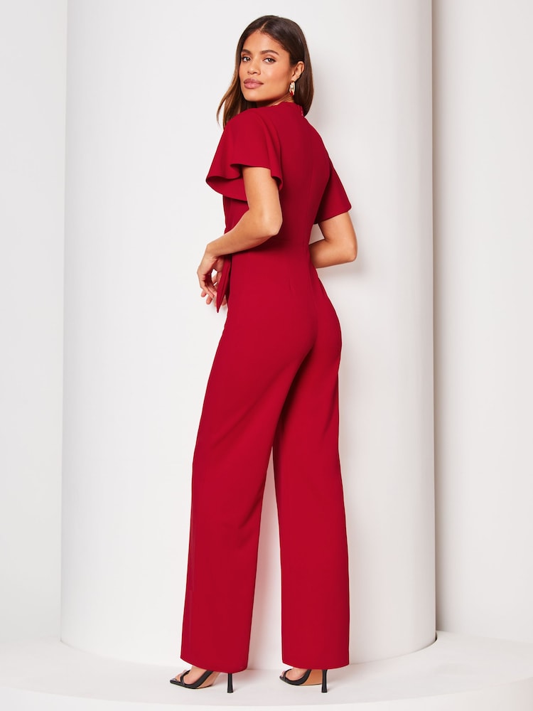 Lipsy Red Flutter Sleeve V Neck Tie Front Wide Leg Jumpsuit - Image 2 of 4