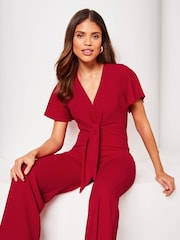 Lipsy Red Flutter Sleeve V Neck Tie Front Wide Leg Jumpsuit - Image 3 of 4