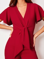 Lipsy Red Flutter Sleeve V Neck Tie Front Wide Leg Jumpsuit - Image 4 of 4