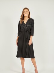 Mela Black Sequin Wrap Midi Dress With Pleats - Image 1 of 5