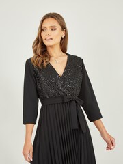 Mela Black Sequin Wrap Midi Dress With Pleats - Image 3 of 5