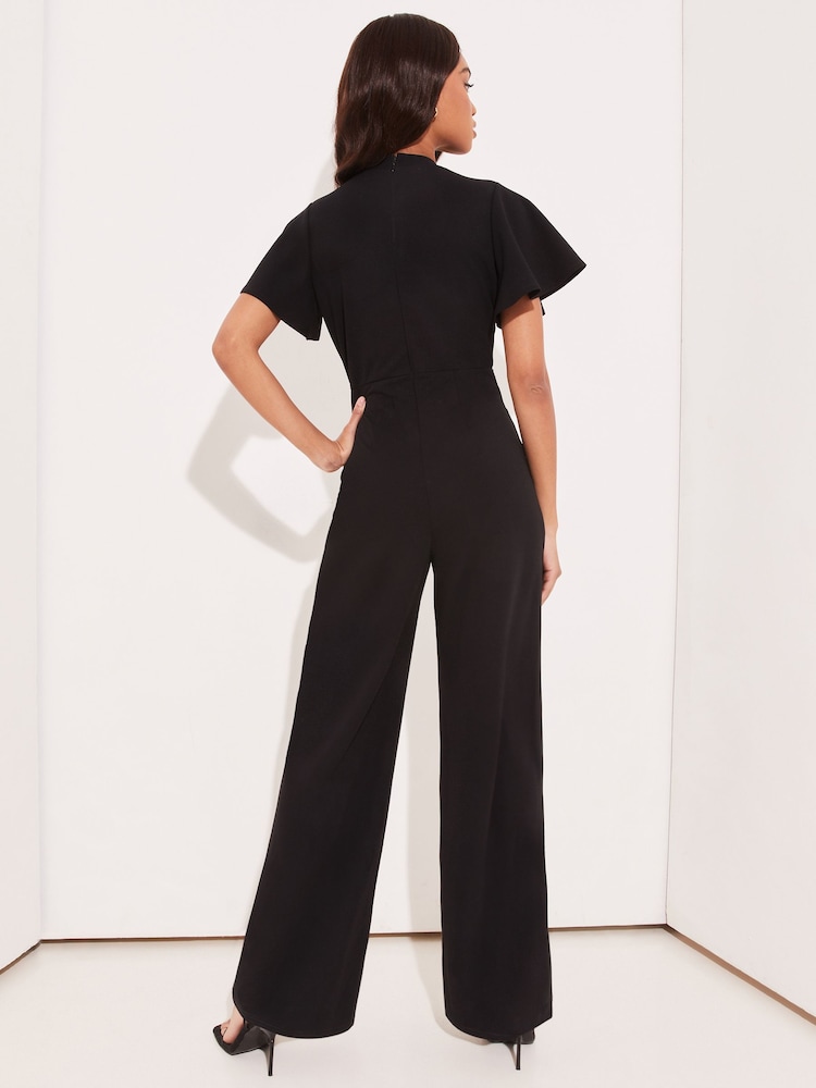 Lipsy Black Petite Flutter Sleeve V Neck Tie Front Wide Leg Jumpsuit - Image 2 of 4