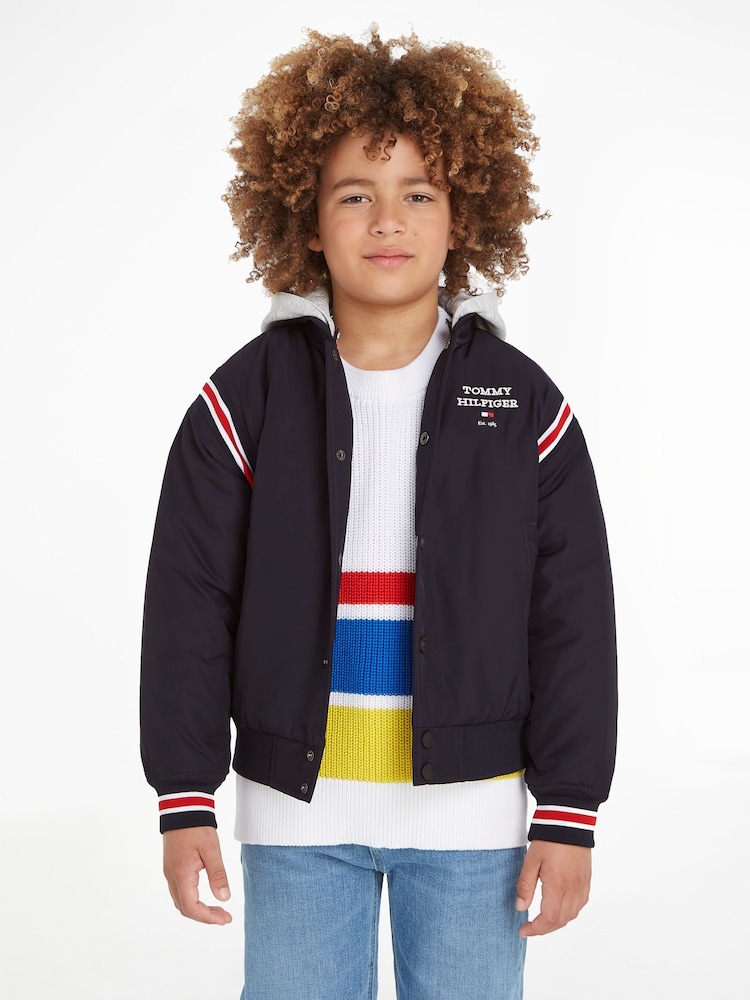 Tommy Hilfiger Blue Logo Bomber Jacket - Image 1 of 6 Tommy Hilfiger Blue Logo Bomber Jacket - Image 1 of 6