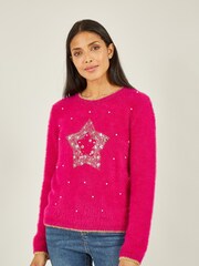 Mela Pink Fluffy Star Christmas Jumper - Image 1 of 5
