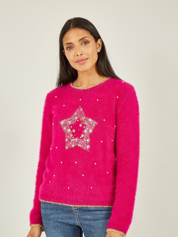 Mela Pink Fluffy Star Christmas Jumper - Image 1 of 5