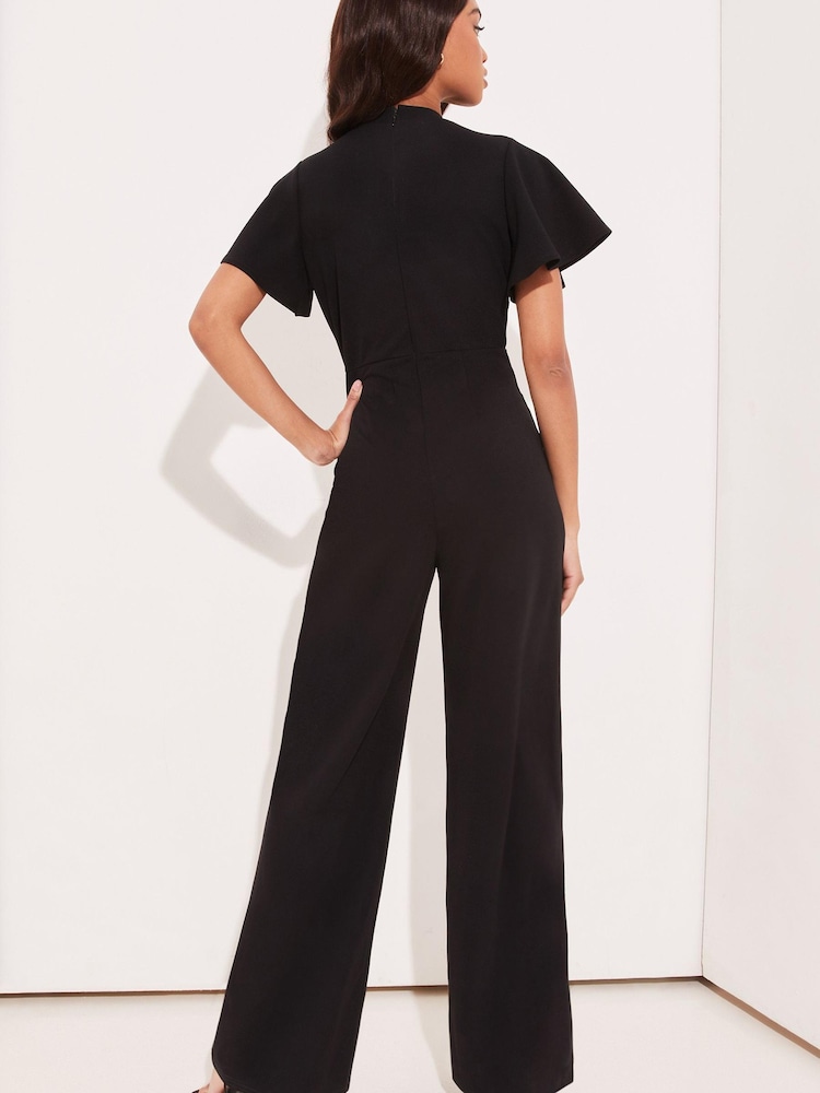 Lipsy Black Tall Flutter Sleeve V Neck Tie Front Wide Leg Jumpsuit - Image 2 of 4