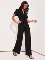 Lipsy Black Tall Flutter Sleeve V Neck Tie Front Wide Leg Jumpsuit - Image 3 of 4