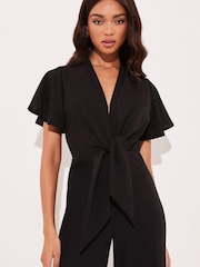 Lipsy Black Tall Flutter Sleeve V Neck Tie Front Wide Leg Jumpsuit - Image 4 of 4