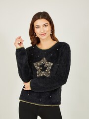 Mela Black Fluffy Star Christmas Jumper - Image 1 of 4